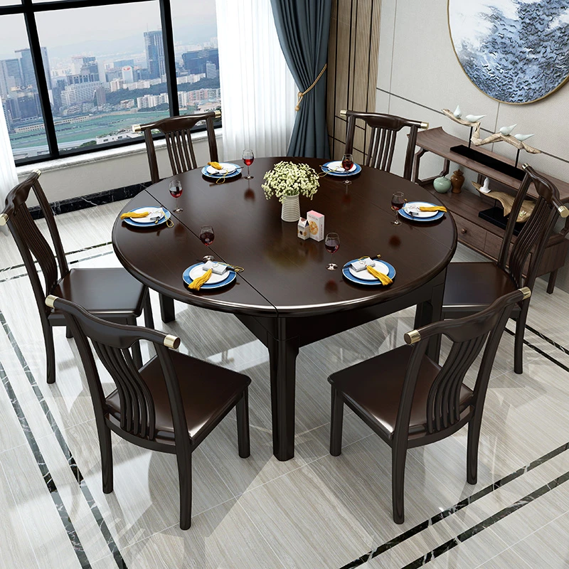 新中式全实木餐桌椅组合可伸缩折叠小户型家用吃饭桌方圆两用餐桌