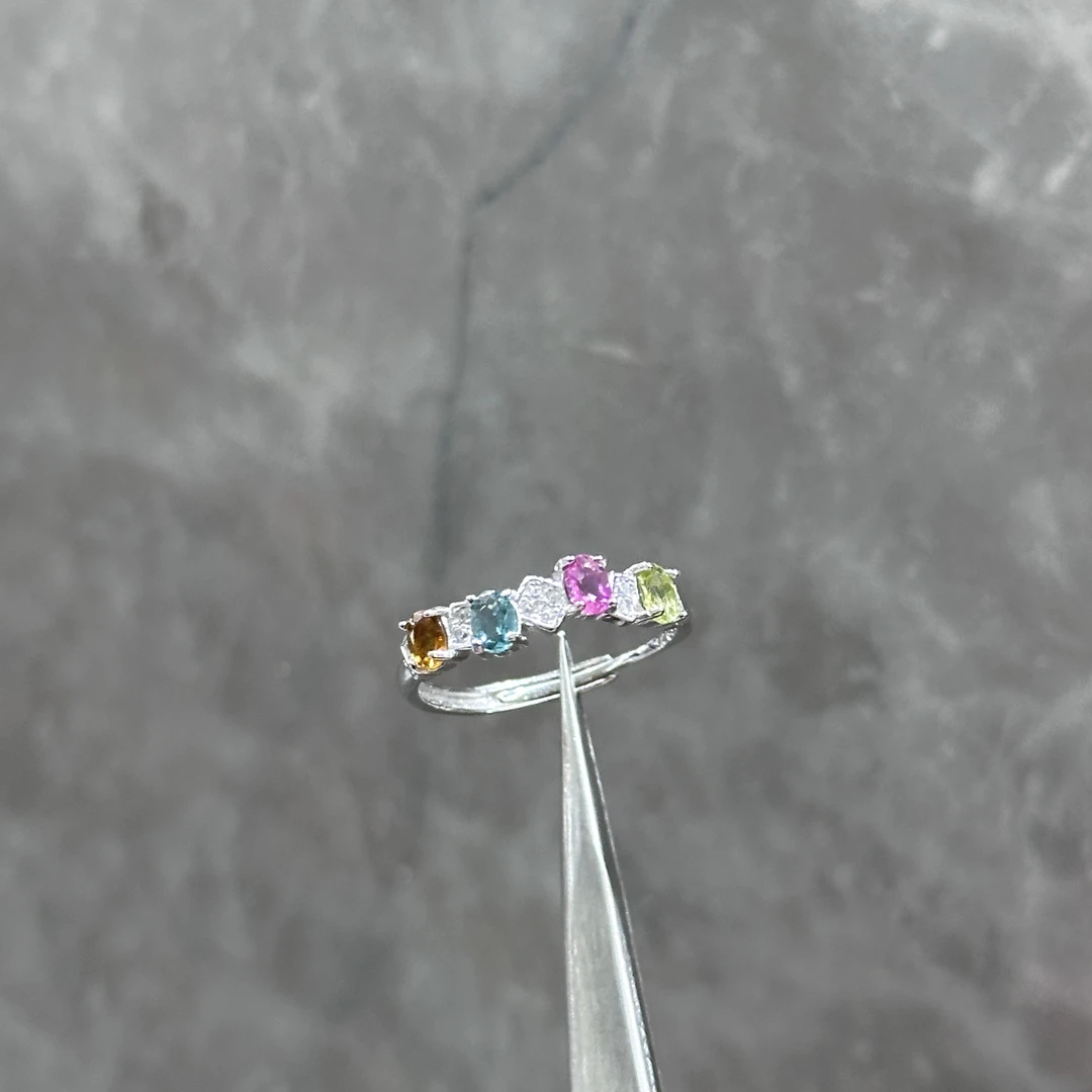 【甜美少女】天然碧玺戒指 通体s925银镶嵌彩色小众