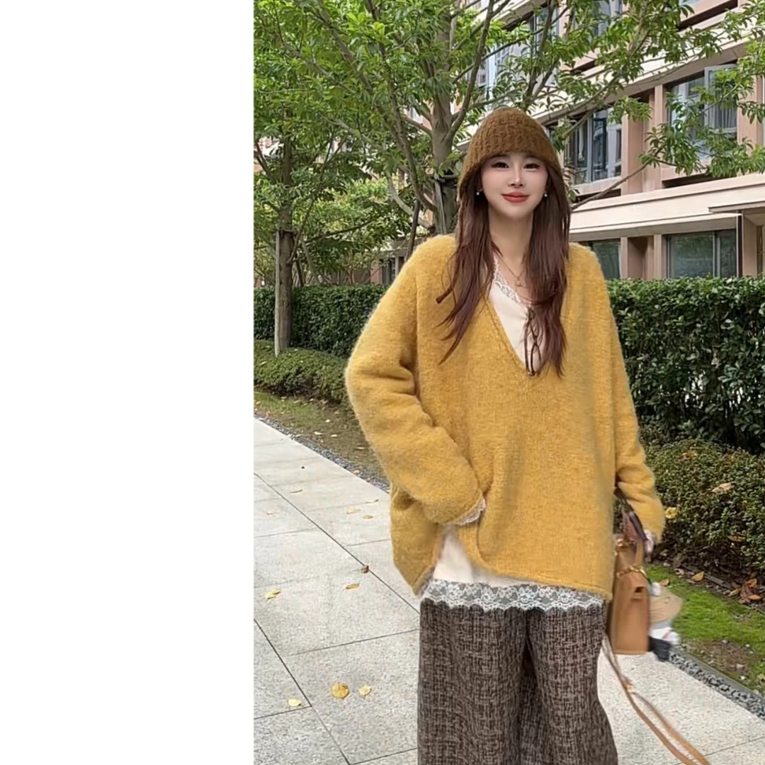 墨迹姐 高个子微胖 大U领“日落黄”宽松大版慵懒风毛衣上衣女1284