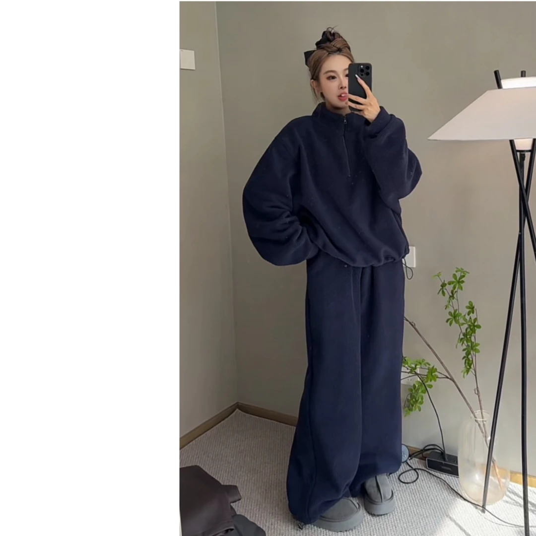 墨迹姐 高个子微胖“松弛感”摇粒绒半拉链休闲运动套装女dw1301