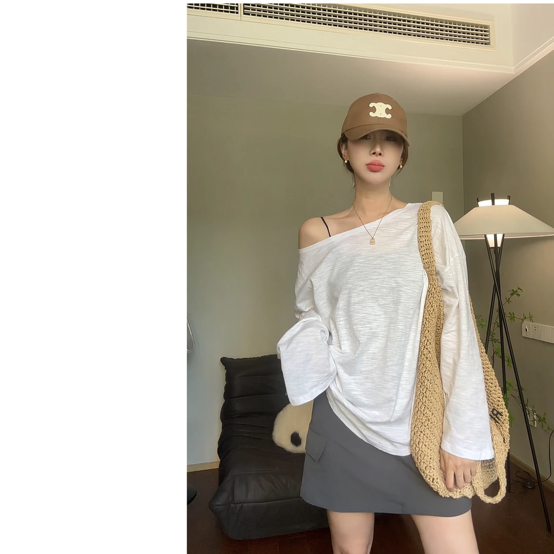 墨迹姐 不对称斜领白色女夏季设计感小众宽松长袖上衣T恤 5310