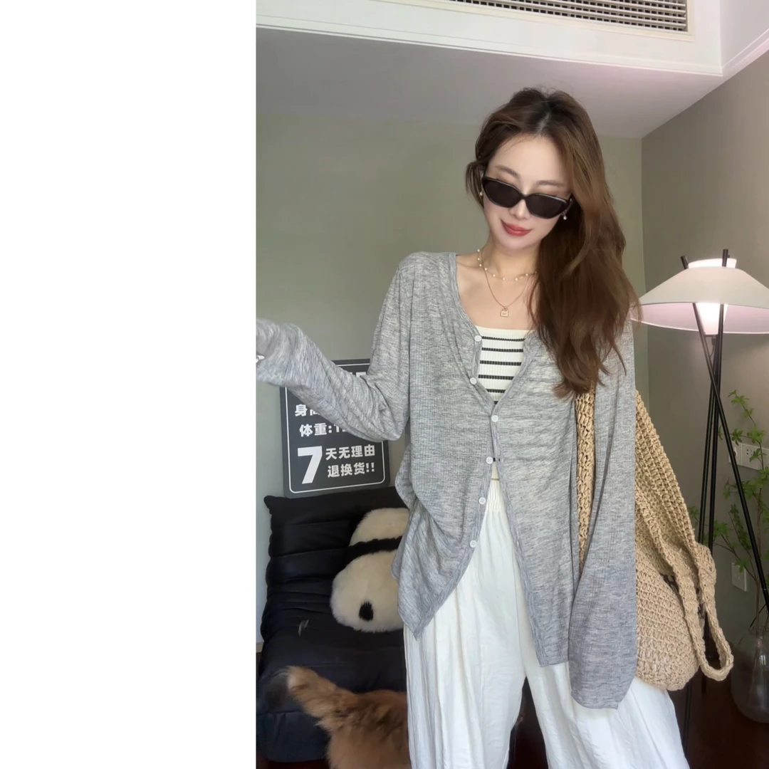 【墨迹姐】夏季大码薄款纯色V领纽扣开衫正肩防晒简约宽松长袖