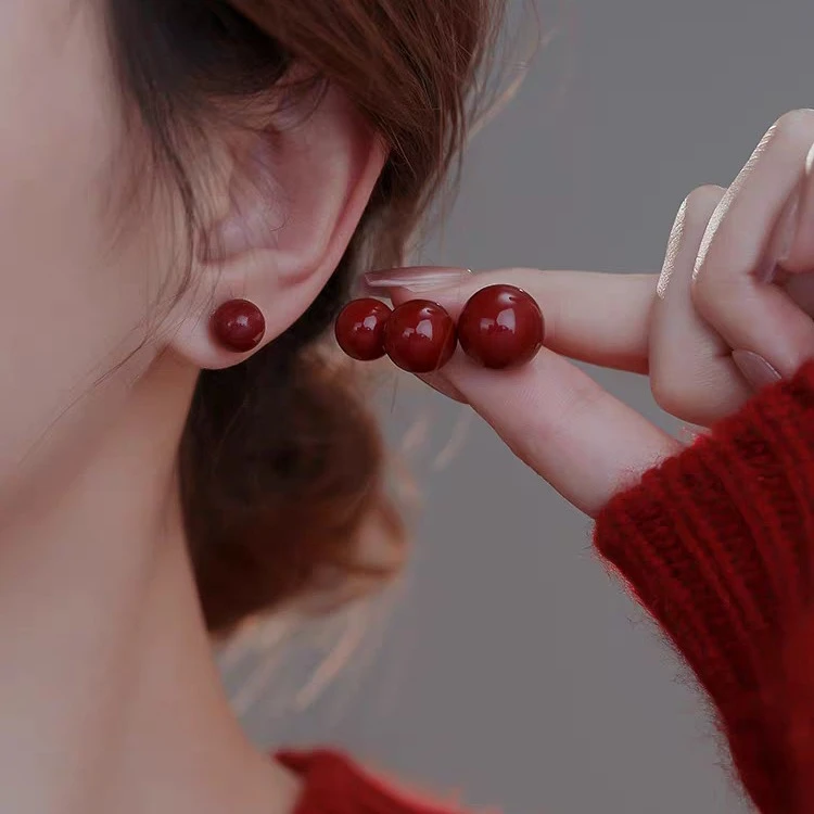 足银耳饰 999纯银耳钉女本命年ins小众红色耳环2024新款爆款高