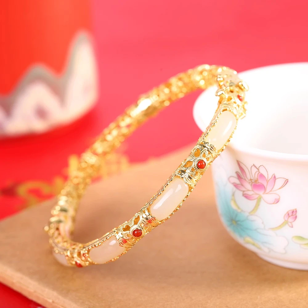 钨金手镯 潮派新中式复古镀金唐草纹镂空无事牌手镯女中国风高级