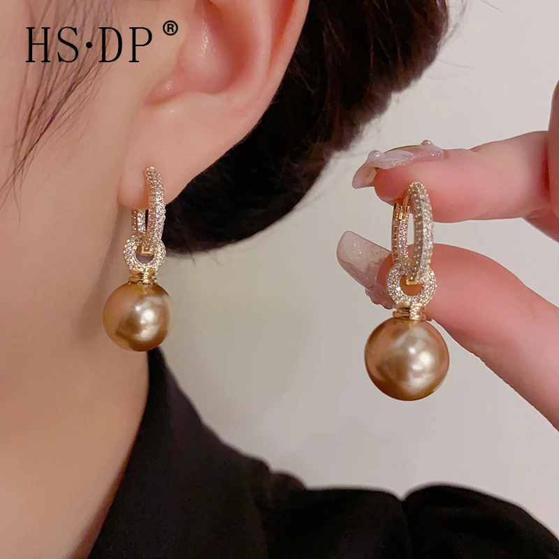 铜合金耳饰 S925银针精致东大门时尚锆石咖啡仿珍珠耳扣两戴款小