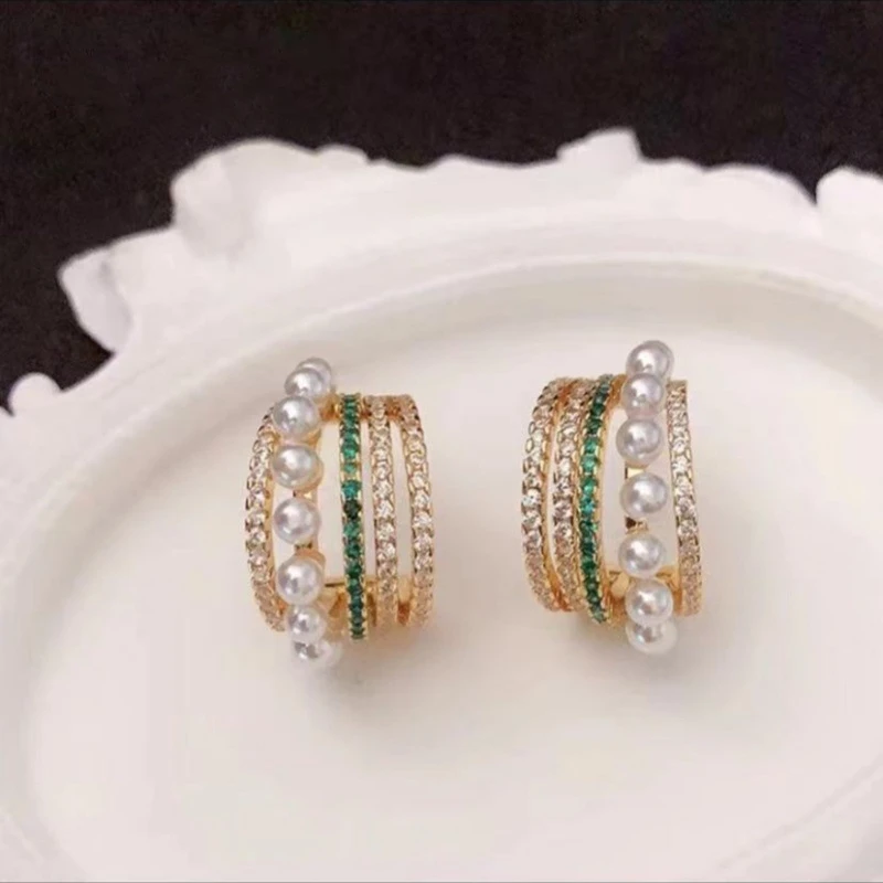 铜合金耳饰 S925银针铜镀真金港风小众C字多层设计耳环复古