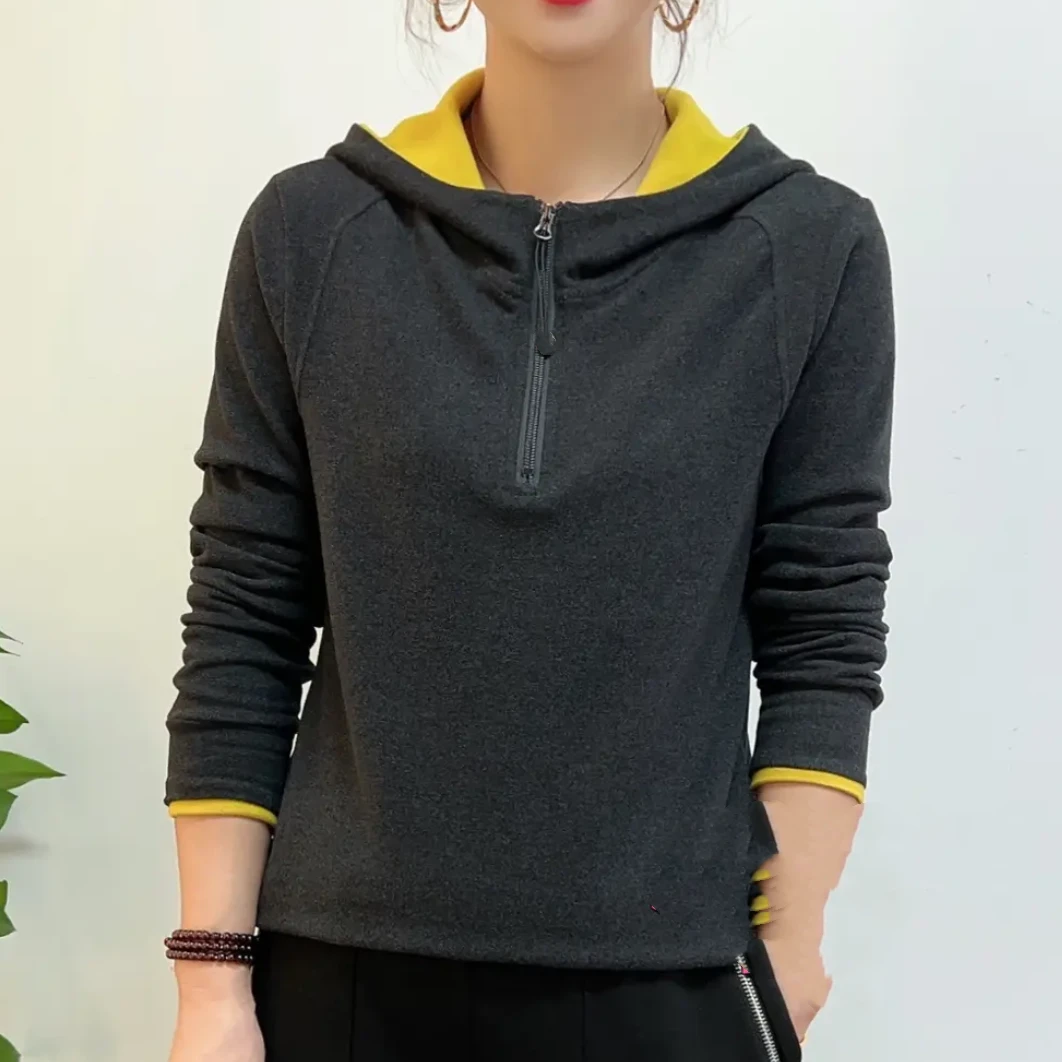 秋冬新款品质女装拼色连帽卫衣时尚休闲百搭韩版打底衫纯色帽衫