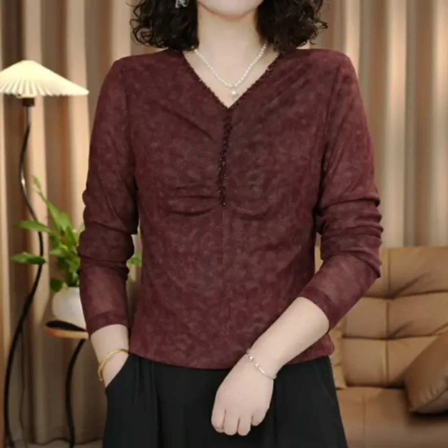 秋季新款长袖V领钉珠打底衫修身显瘦百搭洋气女装上衣时尚小衫女