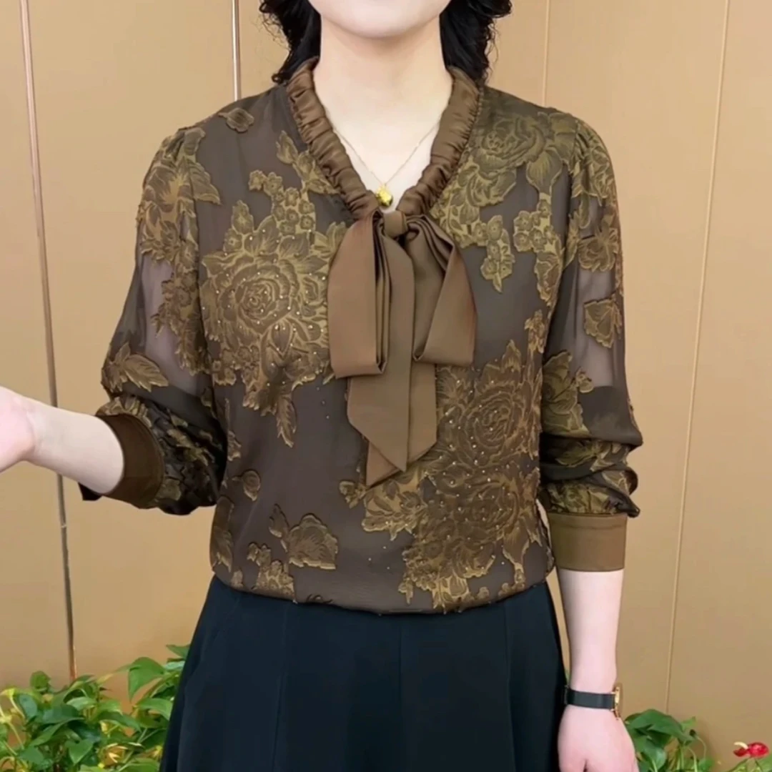 春季新款时尚印花系带衬衫洋气显瘦长袖中年妈妈装上衣碎花衬衣女