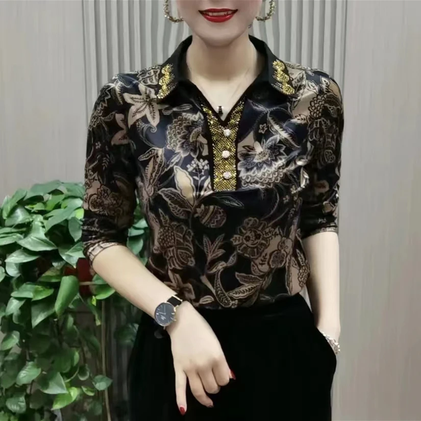 秋季新款时尚洋气衬衫领烫钻气质显瘦丝绒上衣长袖翻领小衫女装潮