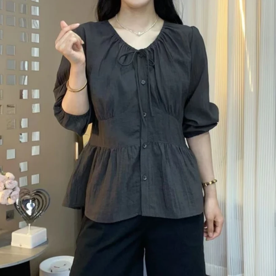 早秋新款V领衬衫设计感系带小衫韩系气质时尚长袖衬衣显瘦上衣女