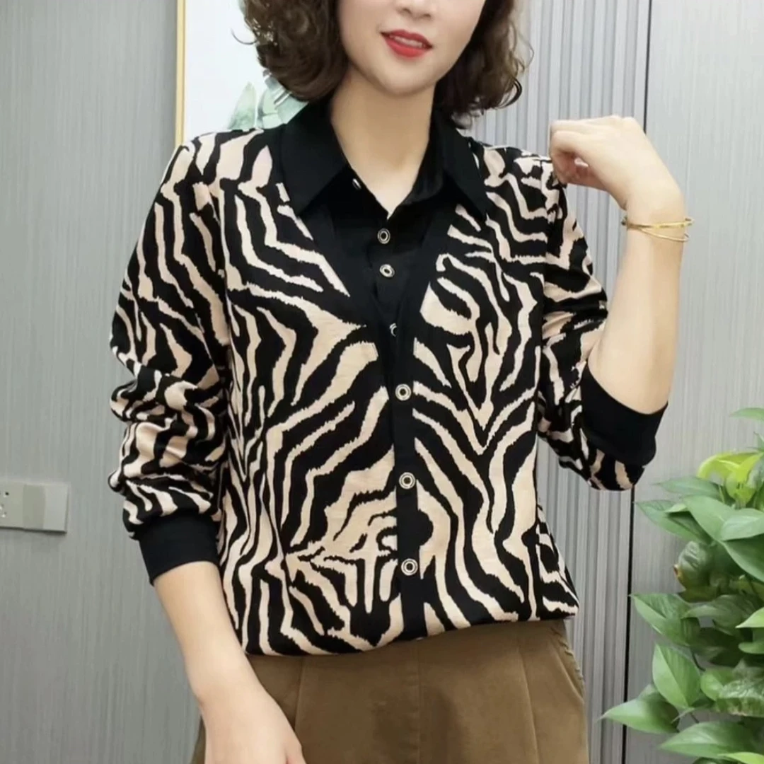 秋季新款衬衫领假两件长袖上衣时尚宽松显瘦妈妈装百搭气质衬衣
