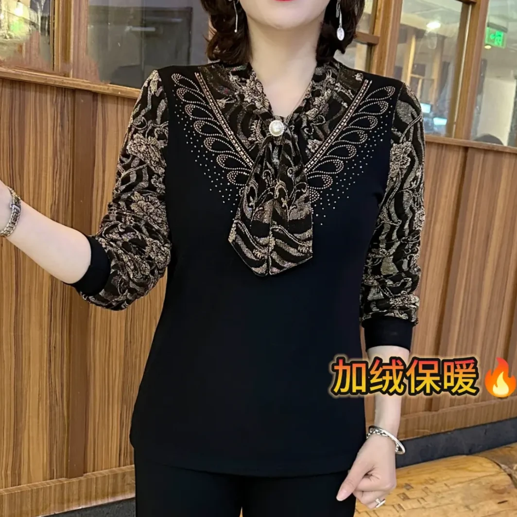 秋冬新款时尚妈妈装加绒加厚百搭拼色飘带领打底衫显瘦洋气上衣女