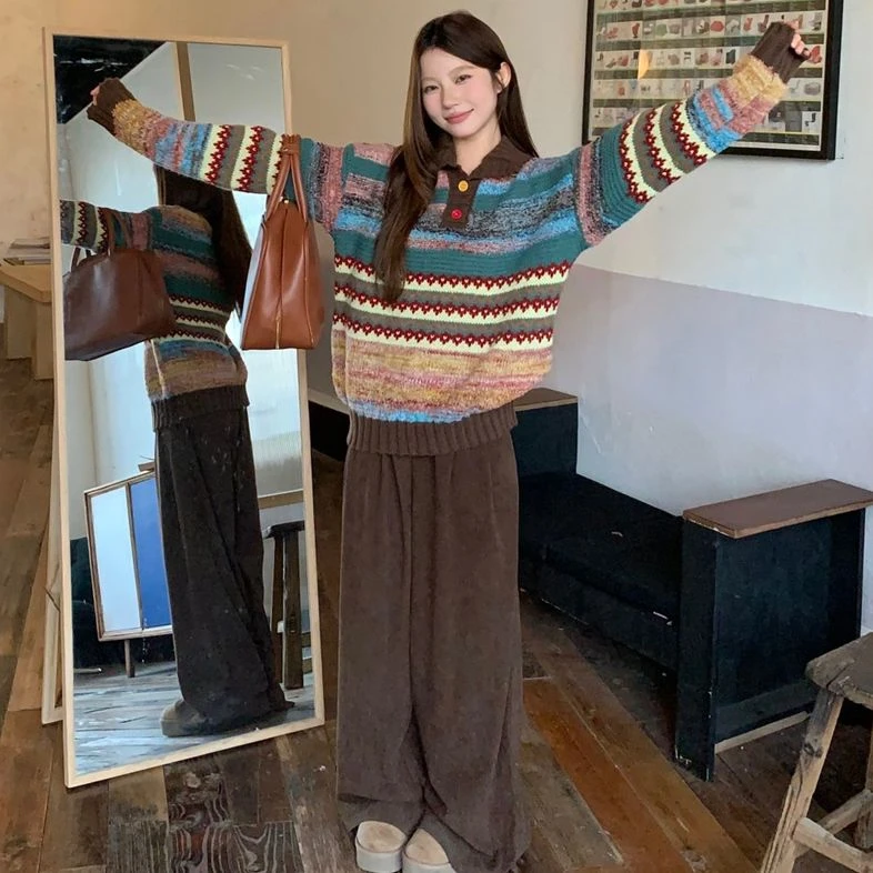 C-8479大码春季新款复古彩色翻领毛衣+阔腿裤两件套
