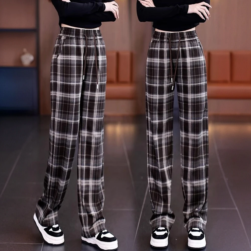 窄版直筒格子裤阔腿裤女春秋新款高腰宽松垂感运动休闲格子直筒裤