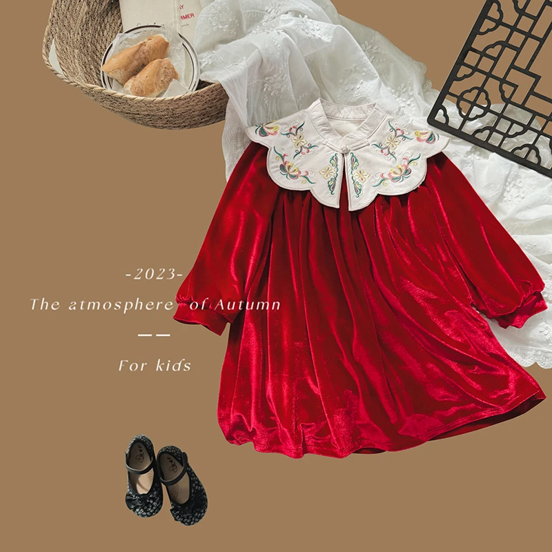 【如愿】女童加绒连衣裙2023冬装刺绣云肩国风拜年服小女孩新年裙子