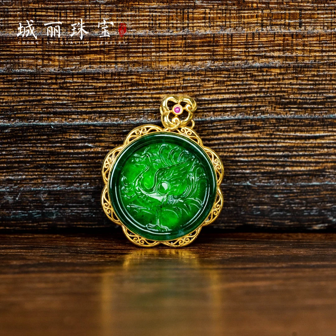 【城丽珠宝】金福翡翠朱雀圆形吊坠/个（多样性发货）KJ-369