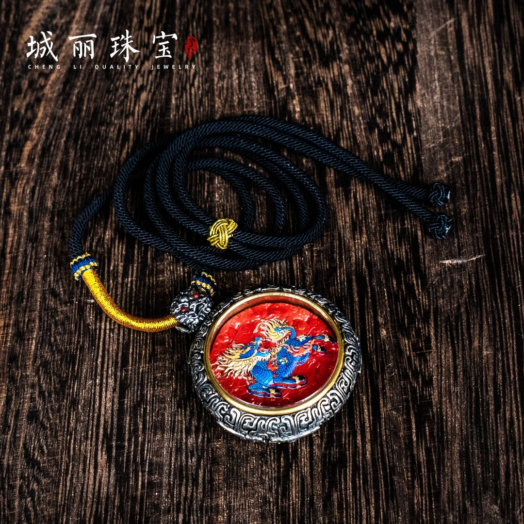 辰砂（处理）红【城丽】六字真言麒麟项链/条FL-2814