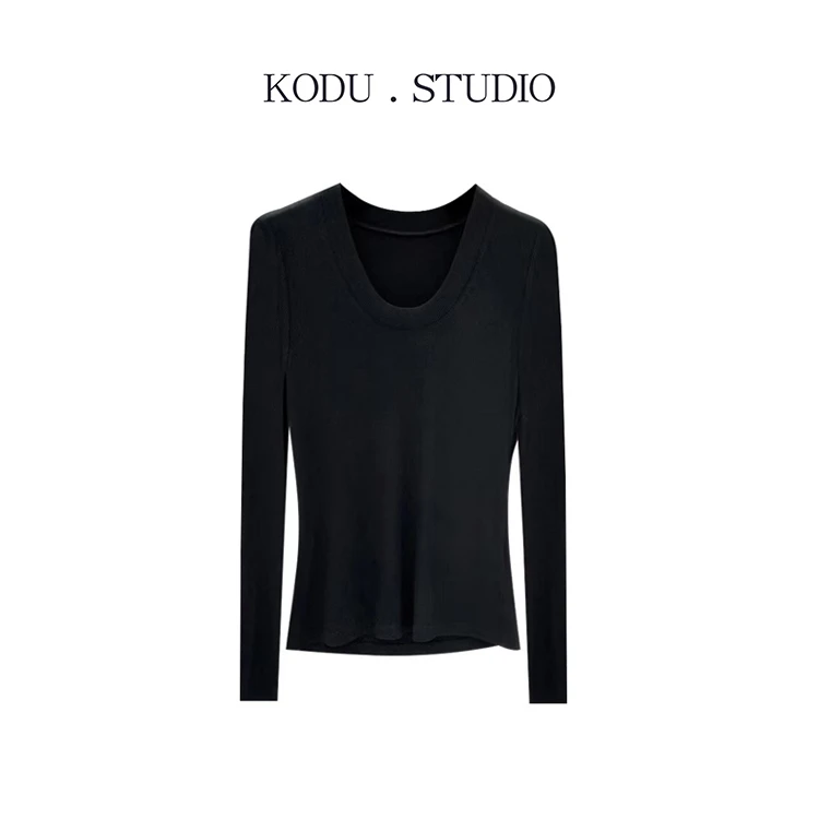 M【刻度KODU】WJ-4676秋季圆领百搭时尚显瘦黑色简约纯色收腰打底衫