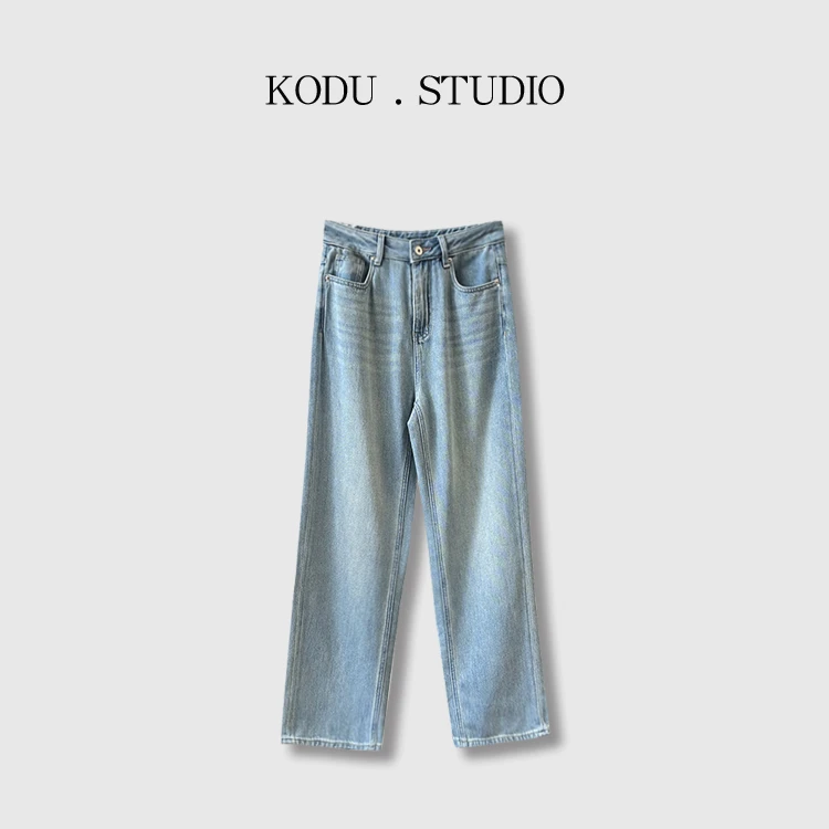 【刻度KODU】CS-4189春季新品休闲百搭显瘦高腰浅蓝宽松阔腿牛仔裤