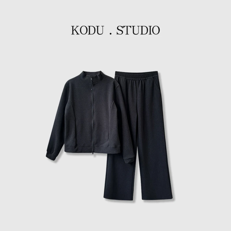 【刻度KODU】XZ-4751秋冬拉链立领拼接显瘦上衣+松紧腰阔腿裤套装
