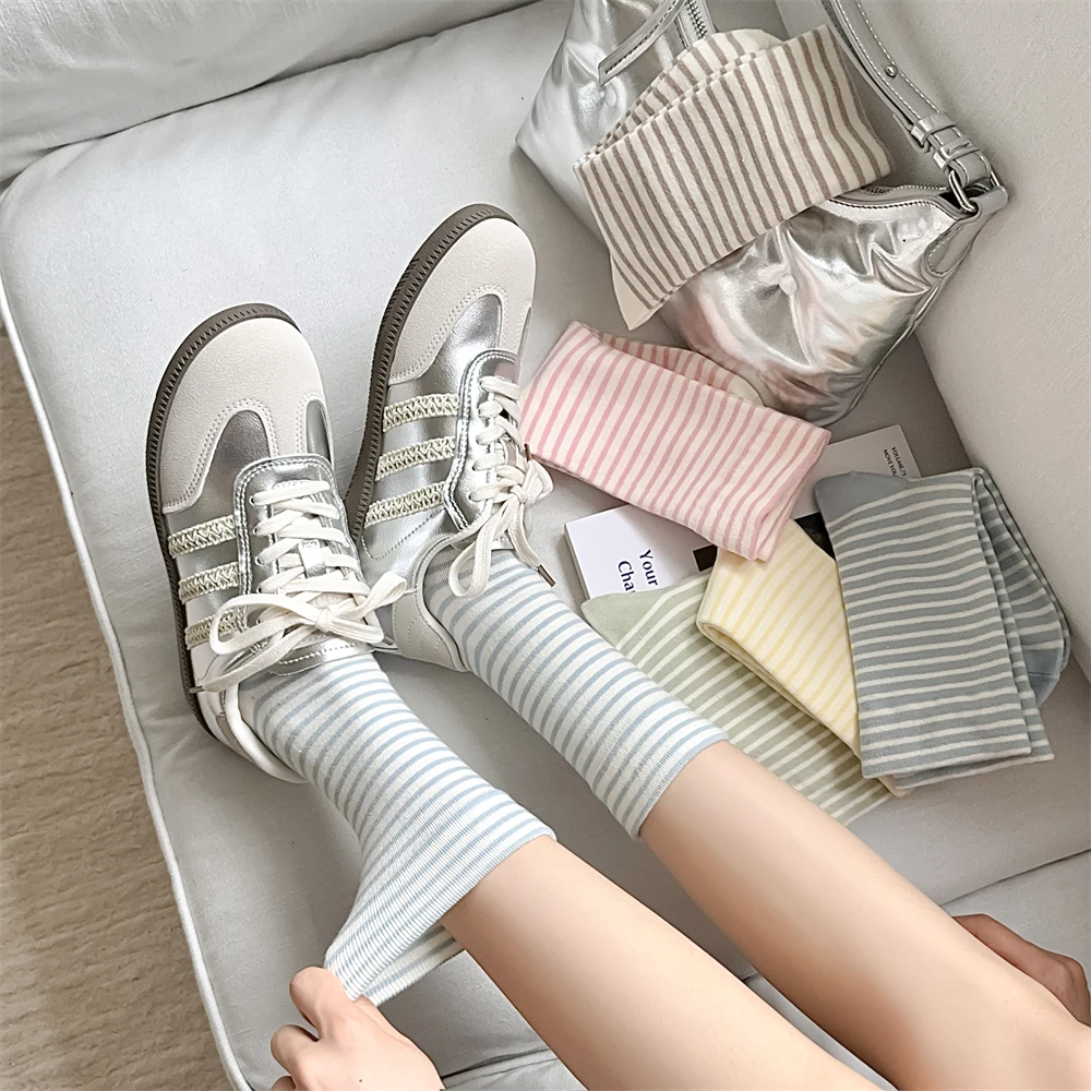 条纹中筒袜子精梳棉月子袜糖果色