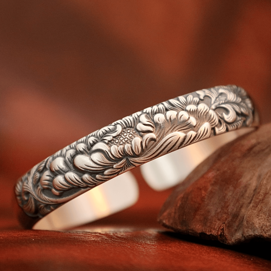 裕源公 足银手镯  足银9999实心复古錾刻牡丹花银手镯女士银手环