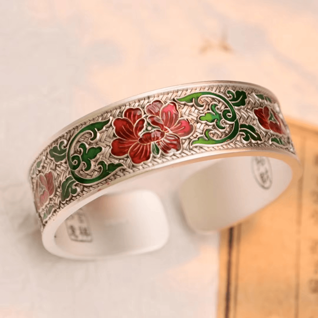裕源公 足银珐琅手镯 足银9999实心吉言编织纹银手镯红牡丹银镯子