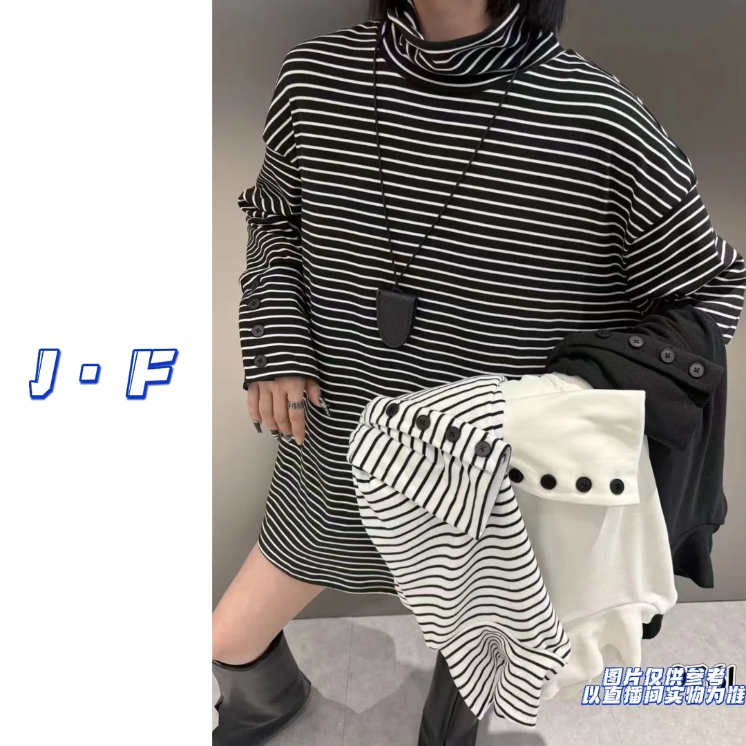 JF定制大码9761秋冬高领条纹百搭纯色磨毛宽松中长款长袖打底上衣