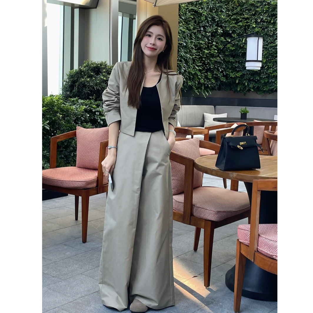YPP！【首尔晨雾】韩系高级感无领简约短款外套长裤阔腿裤套装