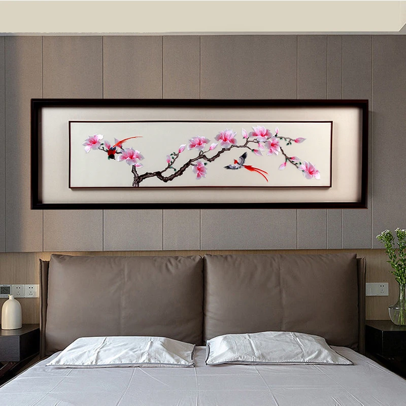 新中式床头装饰画单幅玉兰花鸟图刺绣背景墙壁画书房茶室字画横款