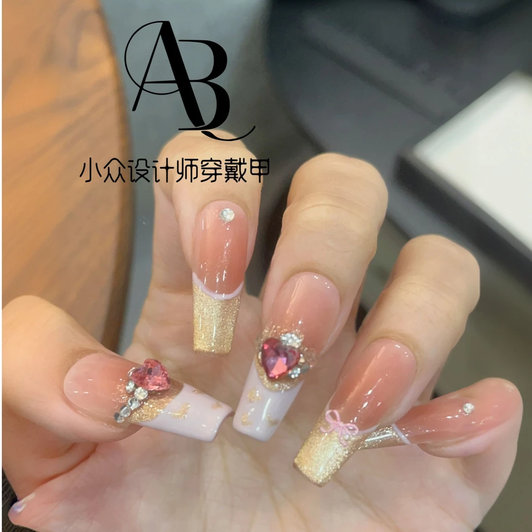 【丘比特之心】法式粉色铂金猫眼爱心钻甜美蝴蝶结显白纯手工穿戴甲