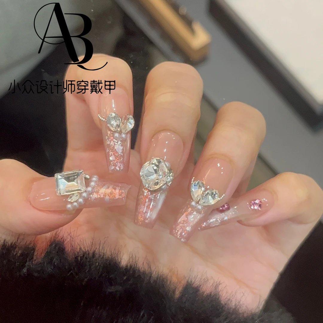 【桃花坞】 冰沙粉猫眼腮红K9水滴碎钻珍珠显白气质 纯手工穿戴甲