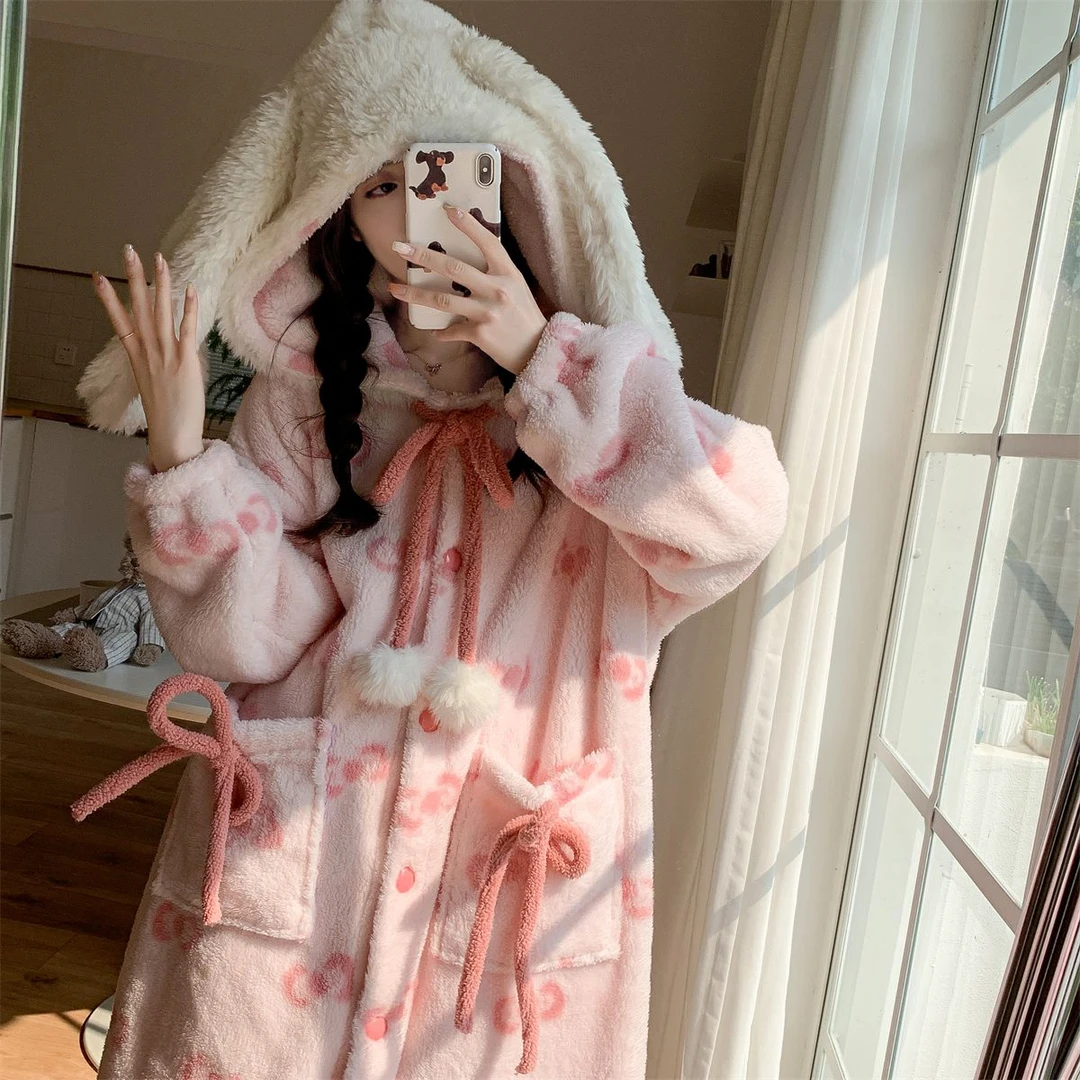 秋冬加绒加厚法兰绒睡袍套可爱卡通蝴蝶结猫连帽长袍套重工家居服