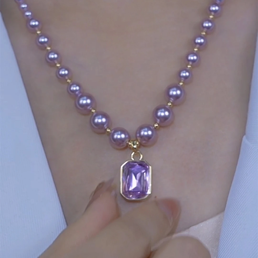 铜合金合成锆石吊坠 轻奢紫色珠珠方形吊坠毛衣链项链女