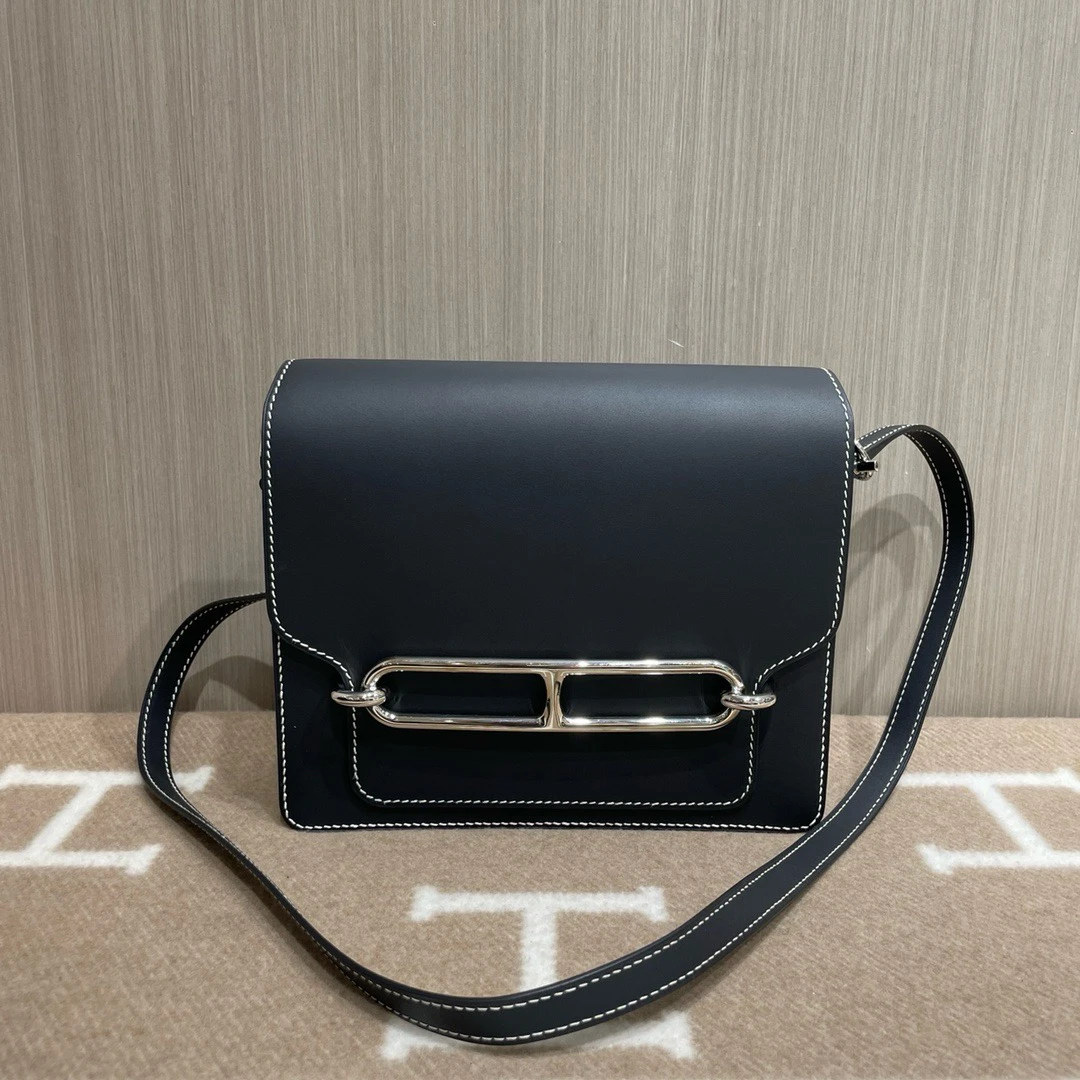 99新 Hermes/爱马仕 Roulis 猪鼻子23尺寸黑银 白色外缝线A刻 108