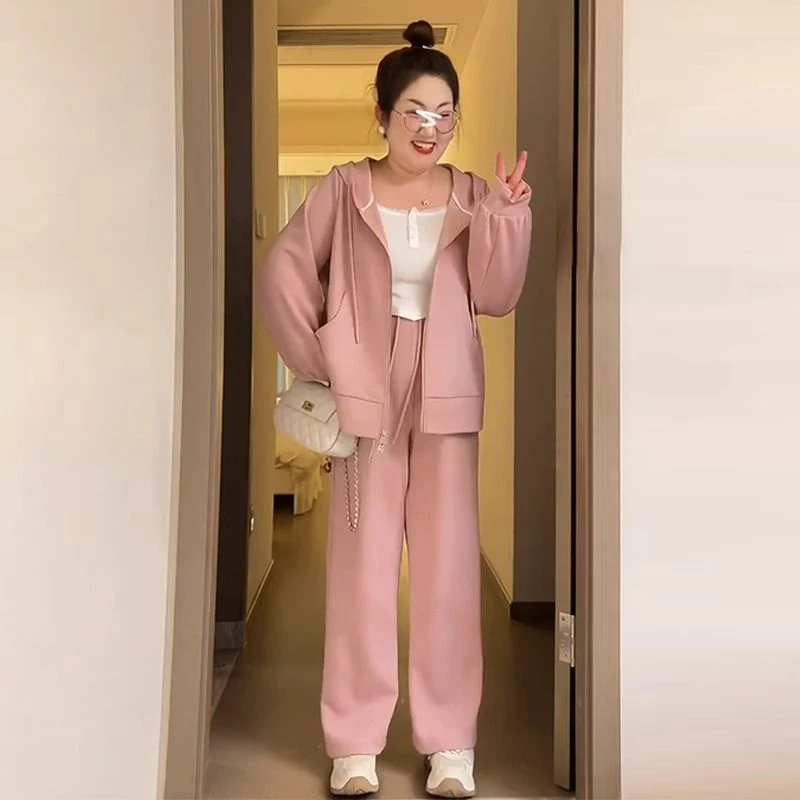 休闲粉色运动服大码秋冬款微胖mm显瘦卫衣外套裤子套装女2-300斤