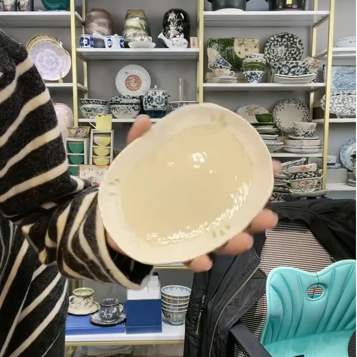 【单支】日本进口濑户烧舞陶馆手绘清风椭圆平盘13.5cm×10.5cm