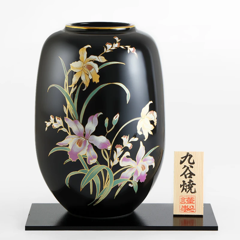 日本进口九谷烧彩绘陶瓷黑卡特兰花瓶摆件花器插花器皿装饰品摆件