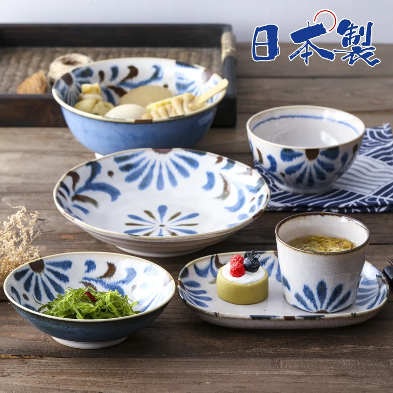 日本进口冲绳花陶瓷碗碟家用日式复古米饭碗釉下彩18.5cm面碗