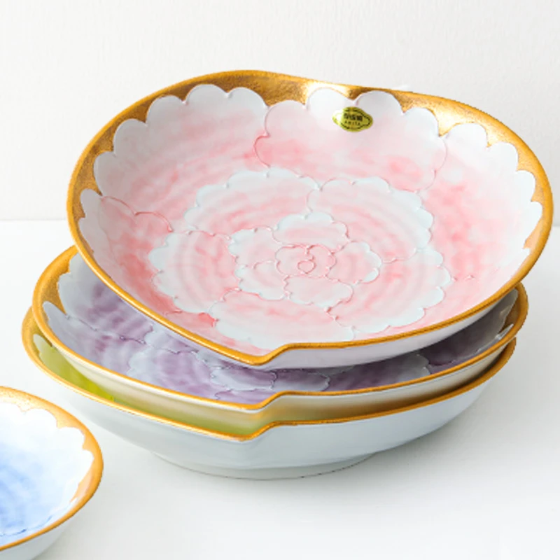 【单支】日本进口文山窑手绘金彩牡丹桃型陶瓷盘