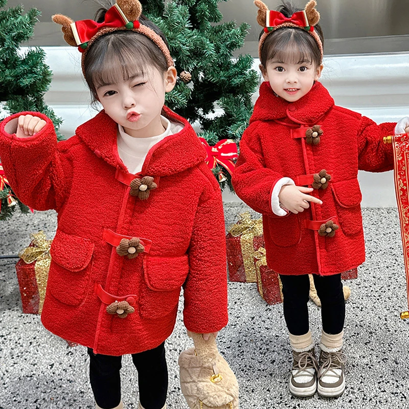 女小童拜年服呢子大衣冬季中长款儿童洋气加绒加厚棉衣新年装外套