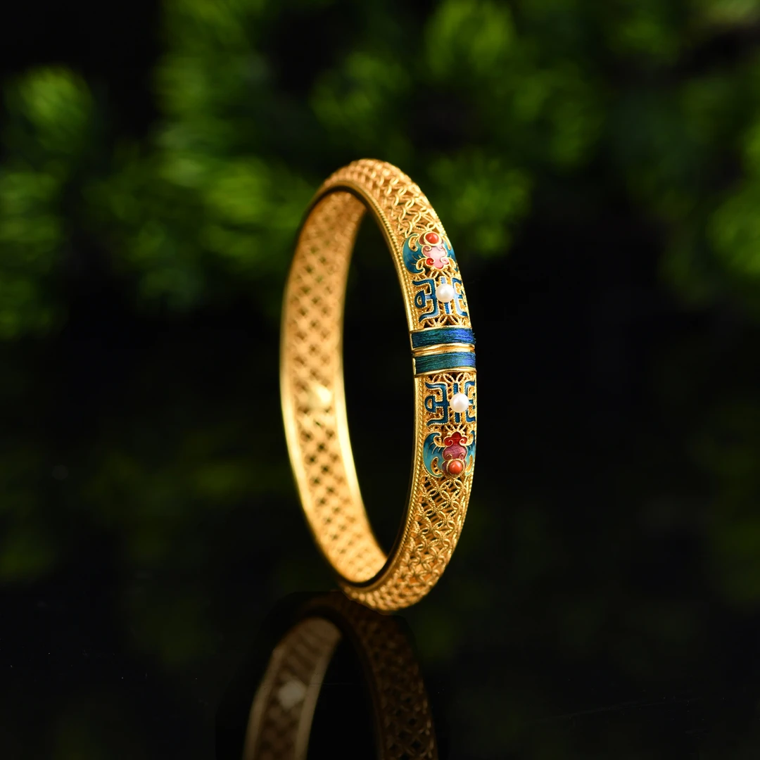 戊申堂【万寿福】银鎏金故宫复刻款非遗珍珠烧蓝点翠手镯国风珠宝