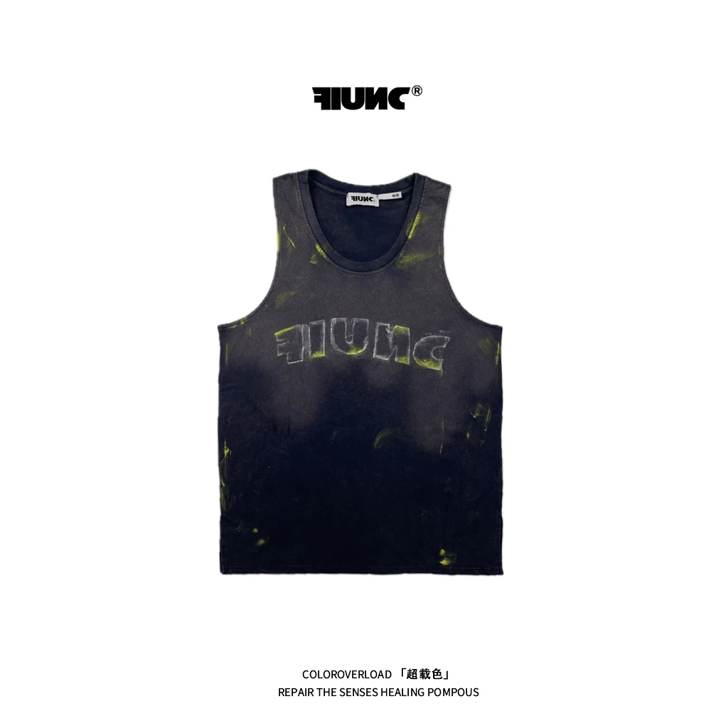 FIUNC男士纯棉夏坎肩大码印花渐变水洗吊染无袖运动背心手做印花