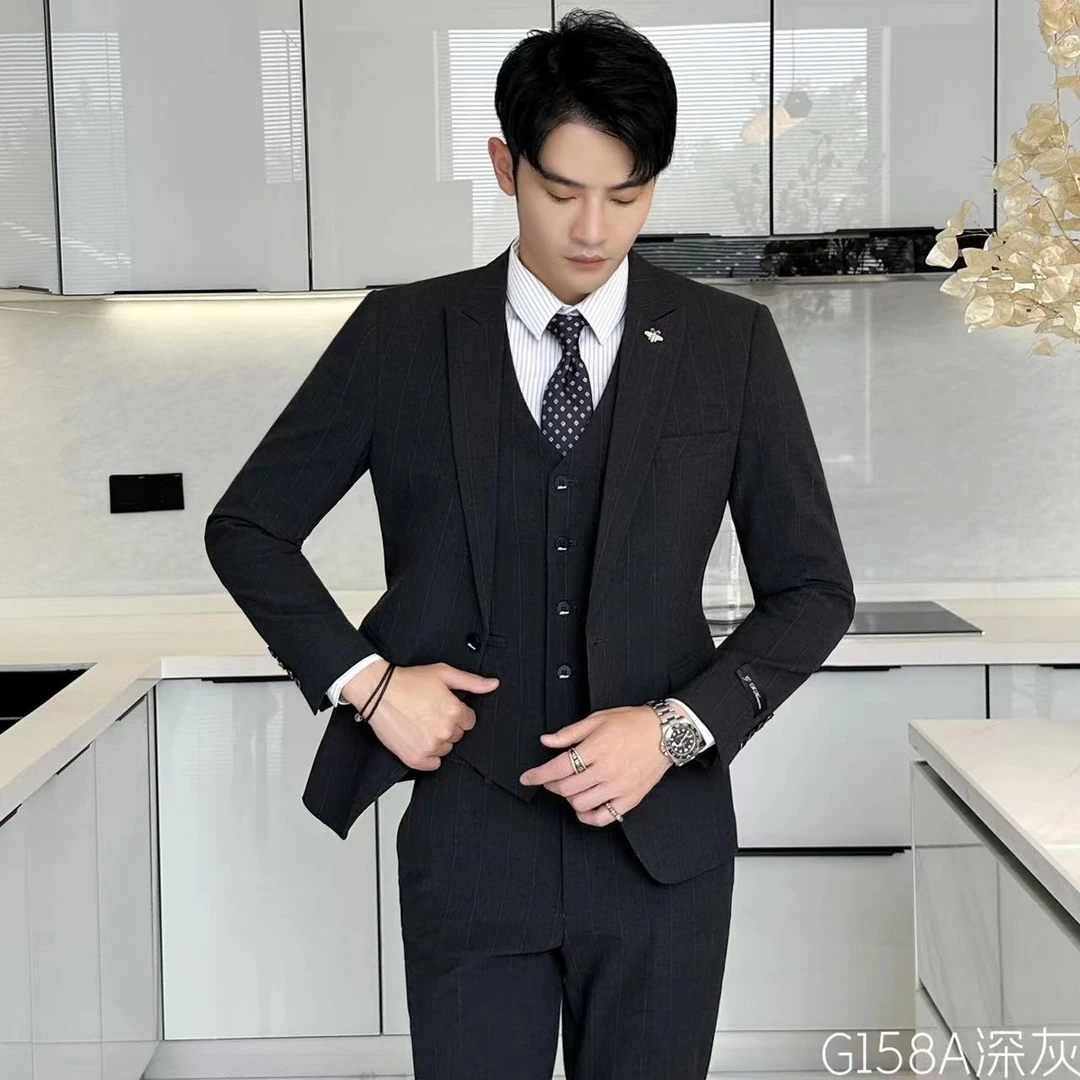 GD定制条纹休闲男士韩版修身商务职业正装新郎结婚礼服伴郎服装
