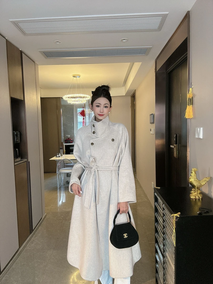 8831新款高级感网红宽松简约时尚中长款系腰带双面手缝大衣27号