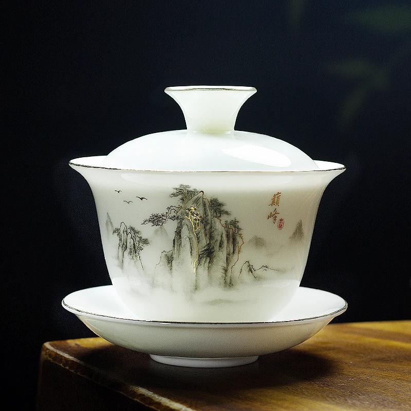德化白瓷泡茶碗羊脂玉瓷盖碗纯白大号陶瓷简约中式高档三才盖碗