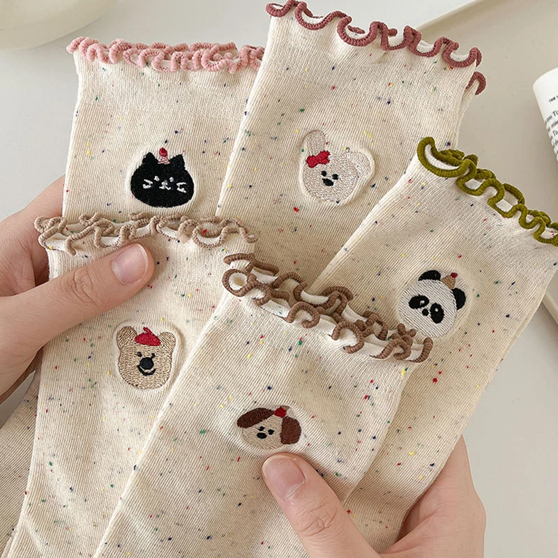 袜子女秋冬少女心荷叶边童趣动物园可爱中筒堆堆袜女