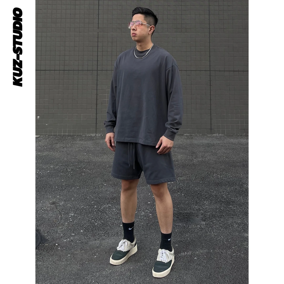 KUZ/2024春夏美式重磅305G小领口宽松纯色男式长袖t恤休闲长t圆领