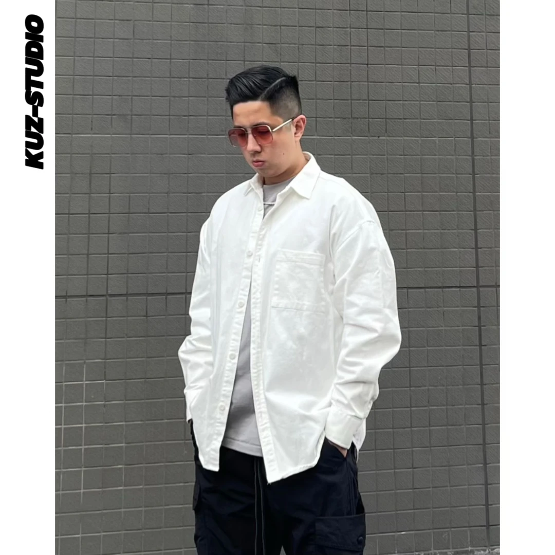 KUZ|秋季美式水洗棉工装衬衫外套休闲纯色高级感宽松简约痞帅男款